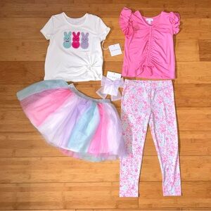 NWT Girls Size 5 Easter 4 Piece Set - 2 Tops, Floral Leggings & Tulle Skirt